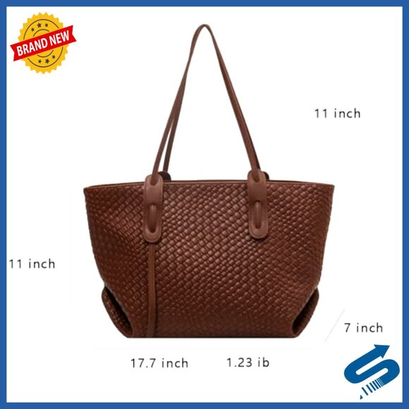 Large Leather Woven Tote Shoulder Bag Top Handle Satchel Work Bag - Picture 5 of 7